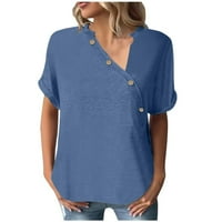 Ženske ljetne široke Ležerne obične bluze na kopčanje, košulja kratkih rukava s izrezom u obliku slova U, plava u obliku slova u