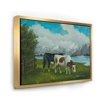 Krave jedu travu ispred jezera uokvirena slika umjetnički tisak na platnu