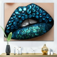 DesignArt 'Žene usne s crnim ruž za usne plavi dijamanti' Moderni platno zidni umjetnički tisak