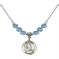 Ogrlica s rodijevim premazom, plavim perlicama od kamena mjeseca rođenja ožujka i šarmom Svete Emilije de Vialar