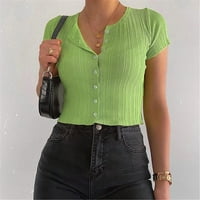 Ženski topovi, Ženska tekstura ošišana Majica, pripijena pletena majica s visokim strukom i kratkim rukavima u zelenoj boji, u boji,