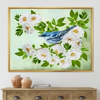 Dizajnerski crtež Mala Plava ptica koja sjedi na grani bijele ruže tradicionalni uokvireni zidni otisak na platnu