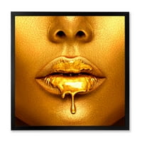 DesignArt 'Zlatna boja kaplje iz modernog uokvirenog umjetničkog tiska Sexy Girl Lips'