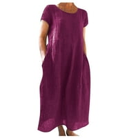 Haljine za žene za žene ljetna ležerna jednobojna haljina kratkih rukava s okruglim vratom izrađena od pamuka i lana s labavim džepovima,
