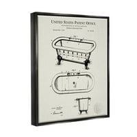 Vintage kupaonska kada, shema kupaonice, grafička umjetnost, Jet crno platno s plutajućim okvirom, zidni tisak, dizajn Carla chronecka