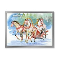 Dizajnerski crtež kočija u snijegu s galopirajućim konjima s uokvirenom seoskom kućom