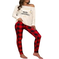 Ženski Božićni pidžama setovi s kariranim printom, vrhovi s ramena s dugim rukavima, hlače, Odjeća za slobodno vrijeme