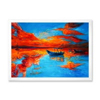 Čamci tijekom toplih zalaska sunca počivaju na vodi vi uokvireni slikati platno umjetnički tisak