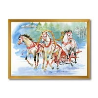 Dizajnerski crtež kočija u snijegu s galopirajućim konjima s uokvirenom seoskom kućom