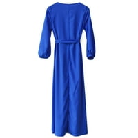 Ljetne haljine za žene s dugim rukavima za slobodno vrijeme, jednobojna haljina A kroja s okruglim vratom, plava A-linija