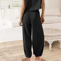 Ženske modne Ležerne jednobojne široke udobne Ležerne hlače s elastičnom elastikom u struku i kopčom, crne;