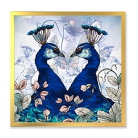 Dizajnerska umjetnost divlje cvijeće s dva plava pauna - tradicionalni uokvireni umjetnički tisak