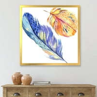 Dizajnerska umjetnost šareno plavo i zlatno ptičje pero s krila Boemski i eklektični uokvireni umjetnički tisak