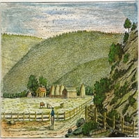 Connecticut: Farma, 18.stoljeće prije Krista stoka na pašnjaku farme u Connecticutu. Drvorez, kraj 18. stoljeća. Ispis plakata iz