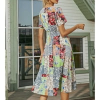Ženske Ležerne ljetne boemske midi haljine s izrezom i kratkim rukavima u obliku slova u, lepršava cvjetna haljina visokog struka,