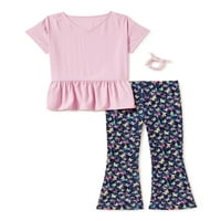 Wonder Nation Girls Peplum Baby Doll Top i široke hlače za noge s Scrunchie, trodijelni odjevni set, veličine 4- & Plus