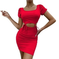 Haljine u donjem dijelu leđa, Ženska ljetna jednobojna seksi haljina kratkih rukava, pripijena Mini haljina do bedara, crvena u donjem