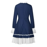 Retro ljetna Casual haljina u retro stilu, slatka čipkasta odijela s dugim rukavima, večernja haljina s mašnom u tamnoplavoj boji