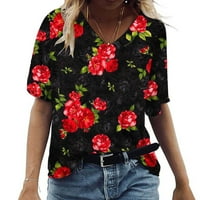 Majica velike veličine ženske modne casual majice s izrezom u obliku slova H i printom u slikovitom cvijeću Crna rasprodaja u boji