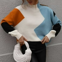 Džemperi za žene ženski elegantni vrhovi s dugim rukavima s okruglim vratom, široke bluze u tonu, pleteni džemper u svijetloplavoj