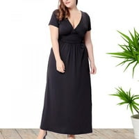 ljetna Maksi haljina za žene Plus size ležerna široka jednobojna haljina s izrezom i kratkim rukavima, Crna