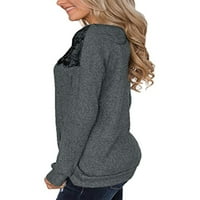 Ženska jednobojna majica dugih rukava, široki pulover s čipkastim šavovima, jednobojni vrhovi u tamno sivoj boji