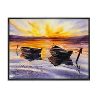 Dizajnerski crtež dva mala čamca na obali i zalazak sunca kućica na jezeru uokvirena na platnu, zidni umjetnički tisak