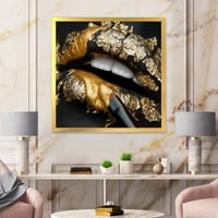 DesignArt 'ženske usne s crnom kožnom i zlatnom folijom' Moderni uokvireni umjetnički tisak