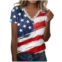 Ženske domoljubne majice, odjeveni casual čipkasti vrhovi s izrezom u obliku slova u i kratkim rukavima s printom američke zastave,