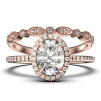 Set vjenčanih prstenova Art Deco, zaručnički prsten od moissanita ovalnog reza od 2 karata, zaručnički prsten od srebra od 18 karata