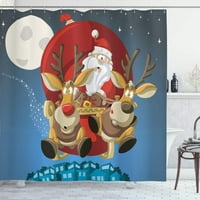 Božićna zavjesa za tuširanje, Djed Mraz na saonicama s Rudolphom iznad grada, Šaljivi crtani stil, svestrane Mjesečeve zvijezde,