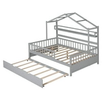 Aukfa Trundle krevet s krovom i policama, drveni puni kućni krevet s Trundle - sivo