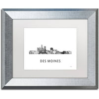 Zaštitni znak likovna umjetnost 'Des Moines Iowa Skyline WB-BW' Canvas Art by Marlene Watson, White Matte, Silver Frame