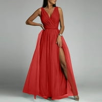 Ženska seksi haljina s izrezom u obliku slova B i visokim strukom, jednobojna svjetlucava haljina, duga haljina u crvenoj boji