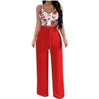 2 / dvodijelni ljetni modni set s printom, modni ženski ljetni ležerni gornji dio bez rukava s okruglim vratom + hlače crvene boje