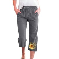 danas nudi ženske pamučne lanene Capri hlače s printom suncokreta, prozračne sportske hlače širokog kroja, džepove, elastični pojas,