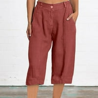 Ženske hlače u donjem rublju, ženske obične casual kapri hlače s elastičnom trakom s džepovima i gumbima od pamuka i lana