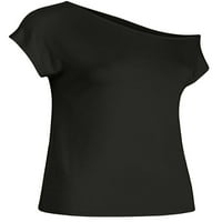 ; / Ženski ljetni topovi majica s pristranim izrezom jednobojna majica Udoban svečani pulover kratkih rukava crni;