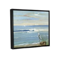 Slika čaplja koja prska u valovima plaže, mrkli mrak koji pluta na uokvirenom platnu, zidna umjetnost, dizajn Sallie matchland