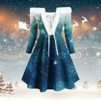 Ljetne haljine za žene s božićnim printom, lepršavi ovratnik, haljina s dugim rukavima i ramena na vezanje, ženske nebesko plave