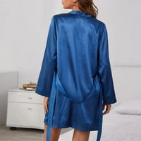 Vintage spavaćica Ženska lagana satenska pidžama ogrtač dugih rukava ogrtač s remenom Donje Rublje Mornarsko plava pidžama