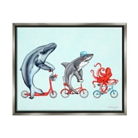 Stupell Industries Aquatic Sea Life Animals Animals Jahanje Bicike Crveni naglasak grafička umjetnost sjaj siva plutajuća uokvirena