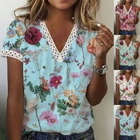 Ženska ležerna majica s izrezom u obliku slova U i kratkim rukavima, ležerna udobna široka majica S čipkastim printom, gornji dio