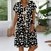 Ljetna modna ženska ležerna haljina s kratkim rukavima s okruglim vratom s printom tratinčice veličine plus, Crna;