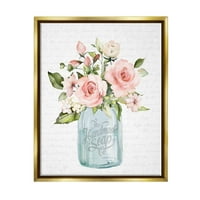 Stupell Industries Pink Rose Blooms Country Vase s uzorkom Script Grafička umjetnost Metalno zlato plutajuće uokvireno platno Umjetnost
