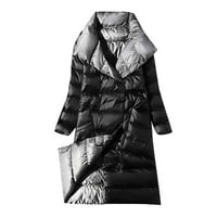 Zimski kaputi za žene, modni dugi donji kaput s reverom do koljena s patentnim zatvaračem s dugim rukavima i džepom u crnoj boji