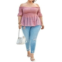 Ženske boho bluze Plus size, jednobojna Peplum Bluza s ramena, prašnjava ružičasta, 1 inča