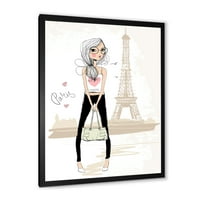 DesignArt 'Slatka djevojka do turneje Paris Eiffel Tower' Dječja umjetnost uokvirena umjetnički tisak