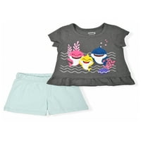 Baby Shark Toddler Girl Short Ruffle ruffle majica i pletene kratke hlače, set odjeće