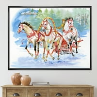 Dizajnerska umjetnost kočija u snijegu s galopirajućim konjima seoska kuća uokvirena na platnu zidni umjetnički tisak